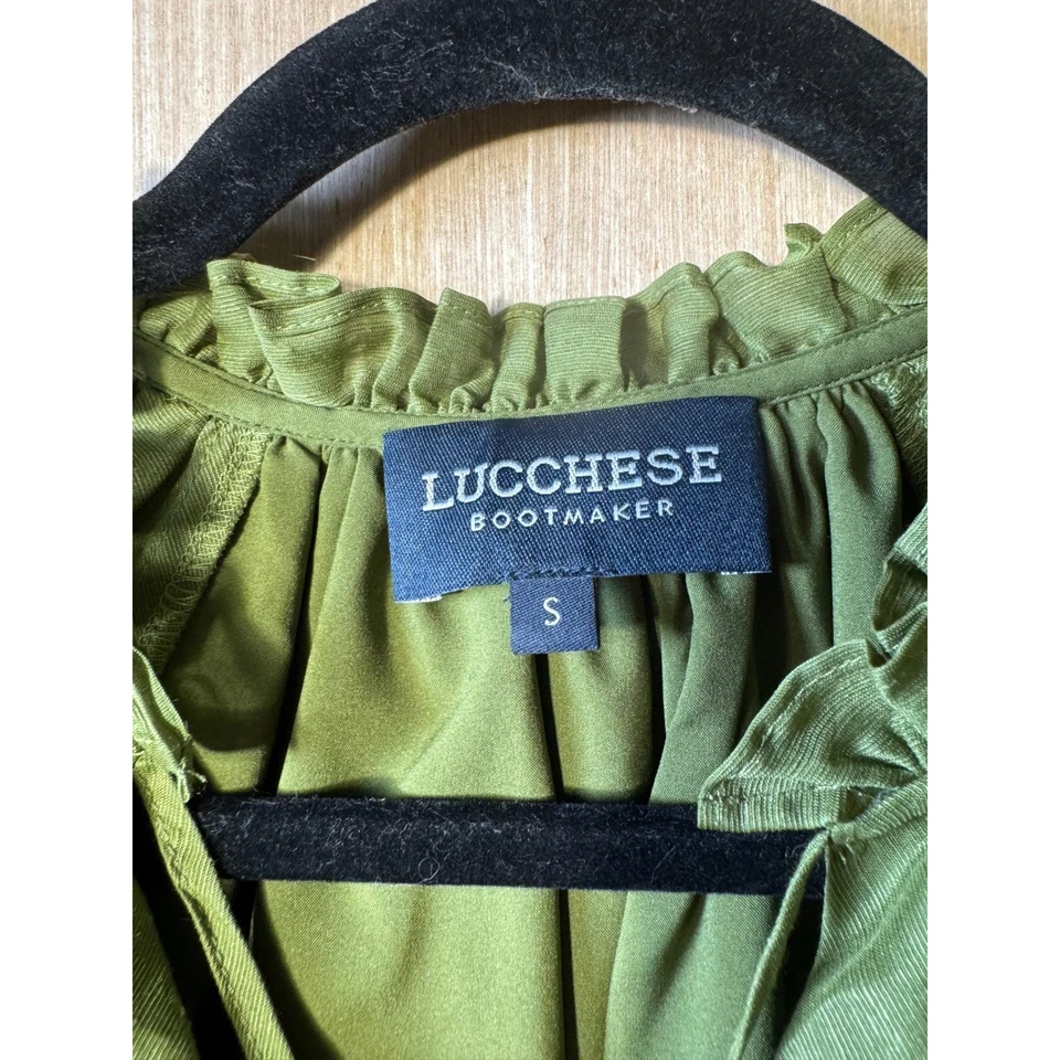 Blusa Top Lucchese Bootmaker $265 Verde Oliva Seda Lino Volantes Para Mujer Talla S Foto 4 de 4