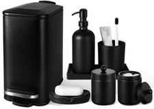 Black Bathroom Set, 7 Pcs Matte Black Bathroom Accessory Set with Trash Can, ...