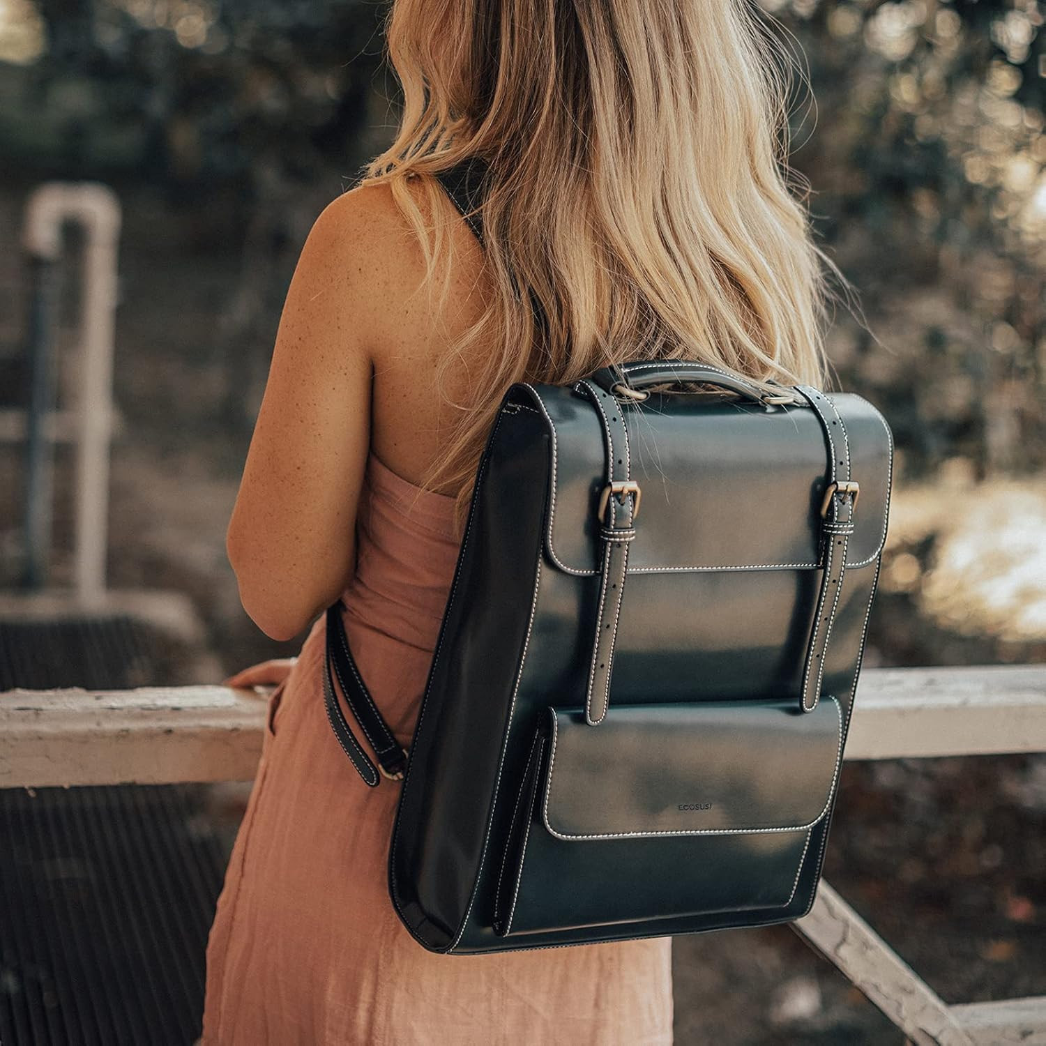 Laptop Backpack for Women PU Leather Backpack Vintage for Laptop 15.6 I - Thumbnail 3