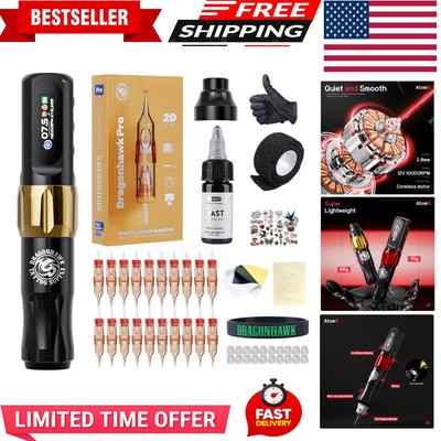Atom2 Tattoo Kit Wireless Pro Gun Machine 20 Tattoo Needles Cartridges Rca Su...
