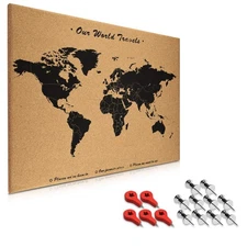 Cork Board World Map - 20 x 28 in Bulletin Memo Corkboard in World Map Design...