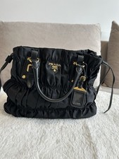 PRADA Black Ruched Nylon Leather Shoulder Bag Gold Hardware Bag Charm