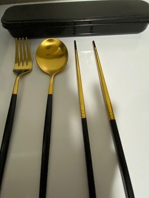 Stainless Steel Fork Spoon Chopstick Gold Set of  2 Four Pieces In Each Case