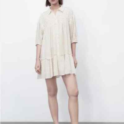 Zara Full Swing Mini Dress Size M Oversized Micro Dot Ivory Elbow Sleeve  Lined | eBay
