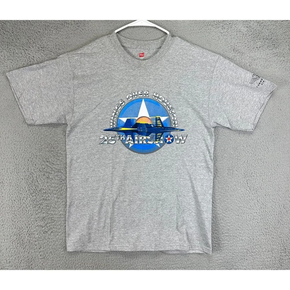 Hanes Shirt Adult Medium Gray Tagless Wings Over Houston 25th Air Low Tee Mens