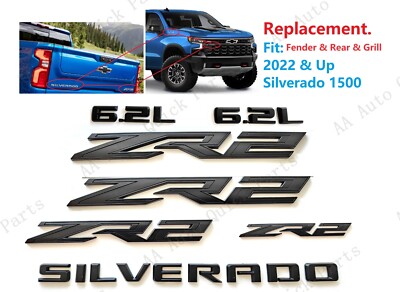 7PC Matte Black Fender Rear Grill ZR2 6.2L Silverado Emblems 2022+Silverado 1500