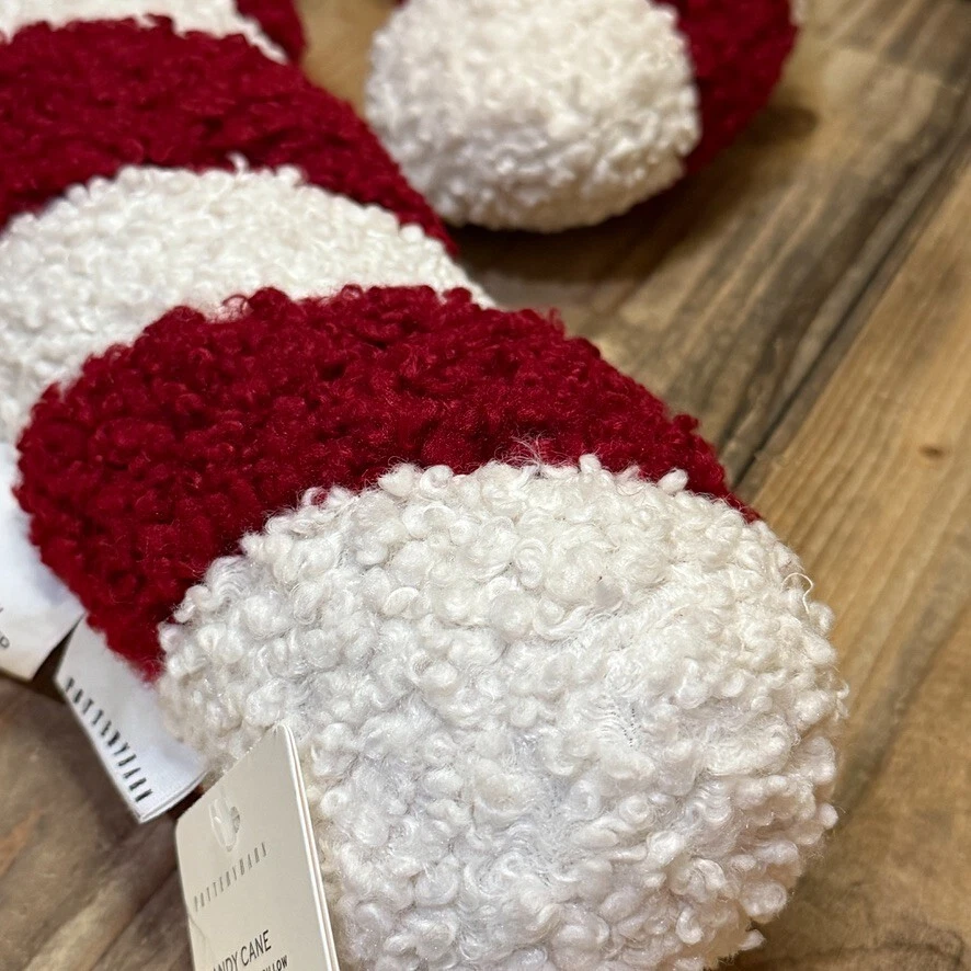 POTTERY BARN COZY TEDDY FAUX FUR CANDY CANE PILLOW, 20" x 3.5" ~ CARDINAL/IVORY - Image 2 of 4