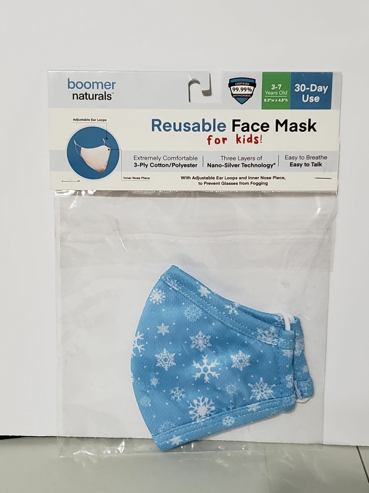 Boomer Naturals Face Mask Unisex Kids & Adult Sizes Snowflakes Winter