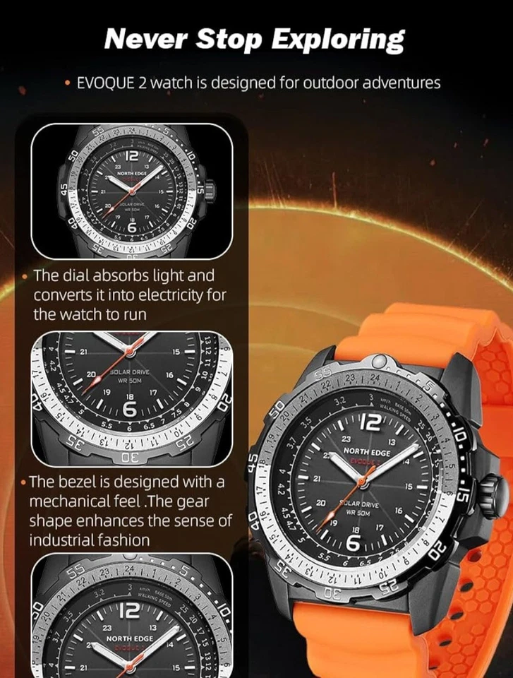 Reloj North Edge con energía solar Evoque 2 piloto negro para hombre mujer exterior militar Foto 2 de 4