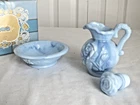 Avon Victoriana  decanter BLUE SLAG MILK GLASS EMPTY with box pitcher & bowl vtg
