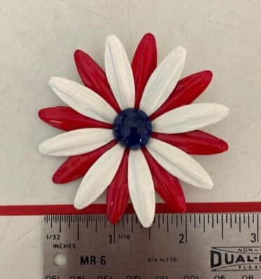 Vintage (2) Red White Blue Enamel Brooch Pin Flower Power Hippy