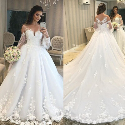 long sleeve lace wedding dress ebay Princess Wedding Dresses V Neck with Long Sleeves Lace Appliques Tulle Ball  Gown