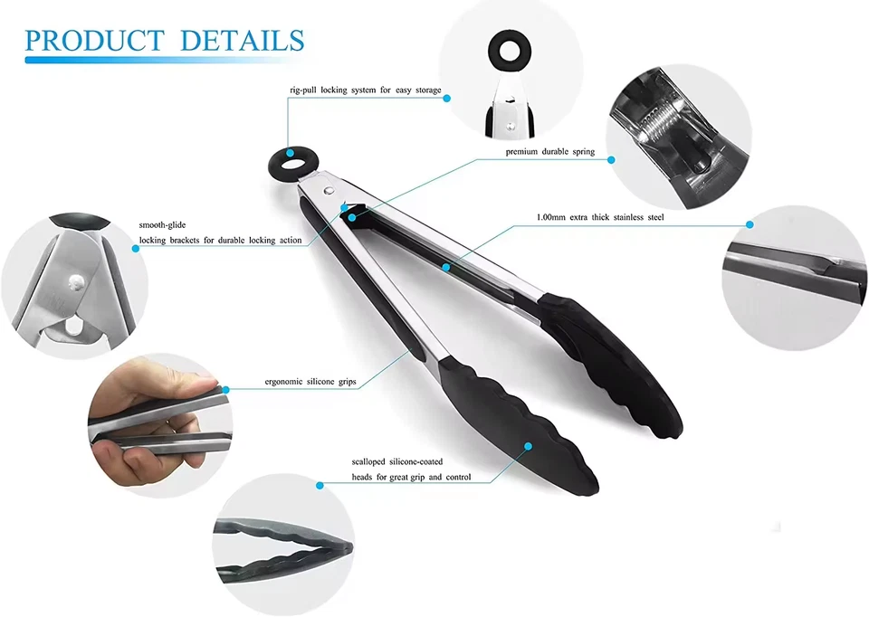 ✅ENVÍO AHORA - Juego de pinzas de silicona de acero inoxidable para alimentos de cocina | Negro 9"/12" Foto 2 de 4