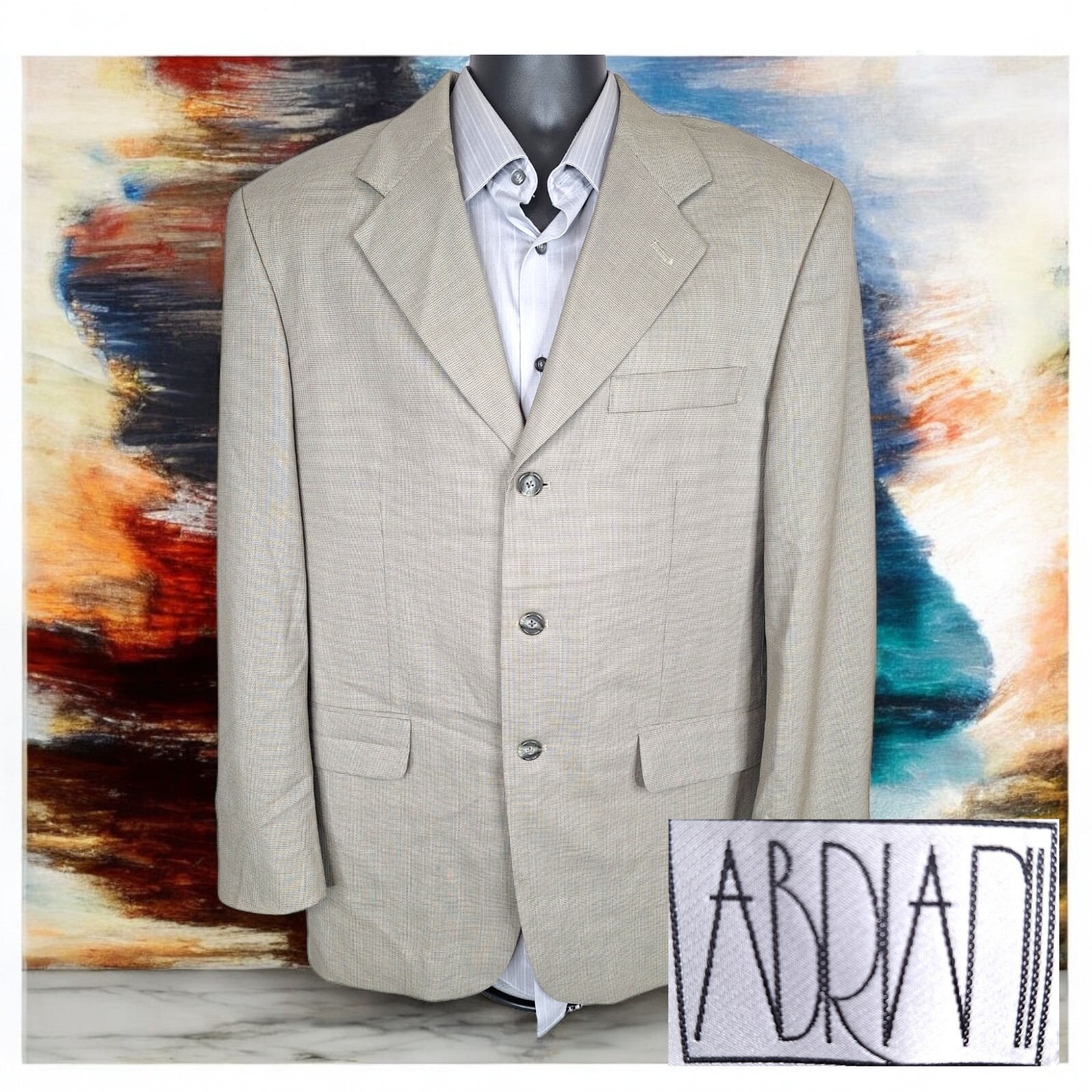 Abriani Sport Coat Blazer Mens 40R Beige Check 3 Button Ventless Wool