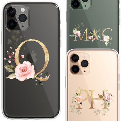  Personalisiertes Blumenmonogramm maßgeschneiderte durchsichtige Handyhülle Abdeckung für iPhone 14 13 12 +