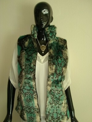 L&B Lucky and Blessed Turquoise Ivory Black Snake Print Fur Vest S M L