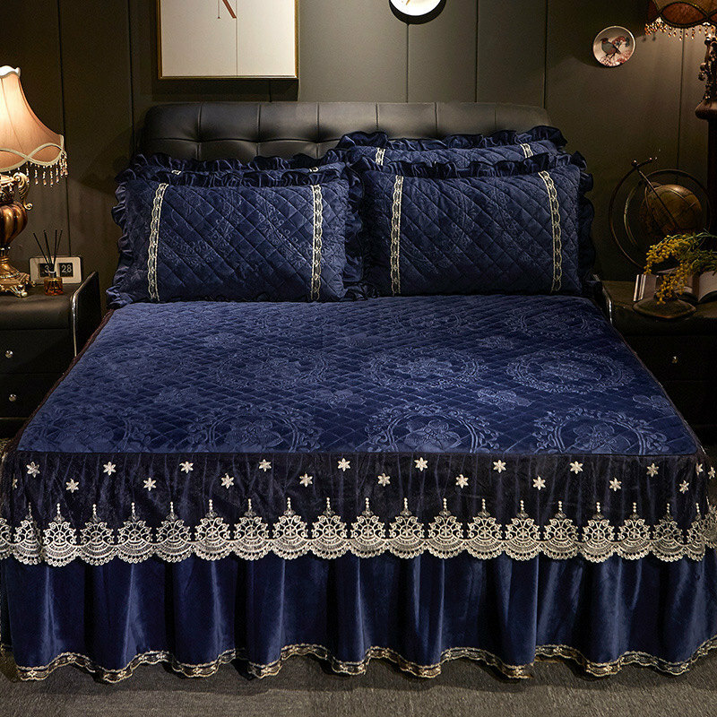 European Lace Velvet Bedspread Ruffle Bedskirt Queen King Quilted Bed