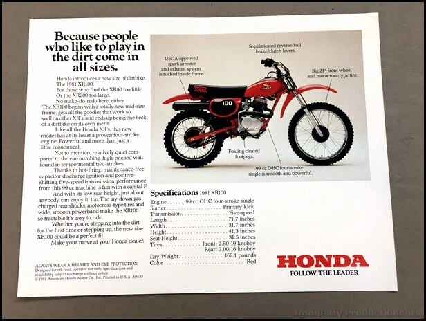 1981 Honda XR100 Dirt Bike Motorcycle 1 page Vintage Sales