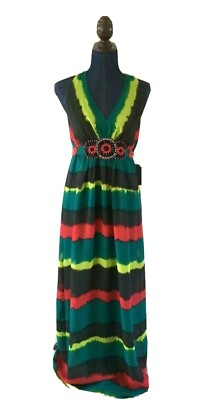 eci new york womens long maxi dress green red black striped lined beaded  size 4 | eBay