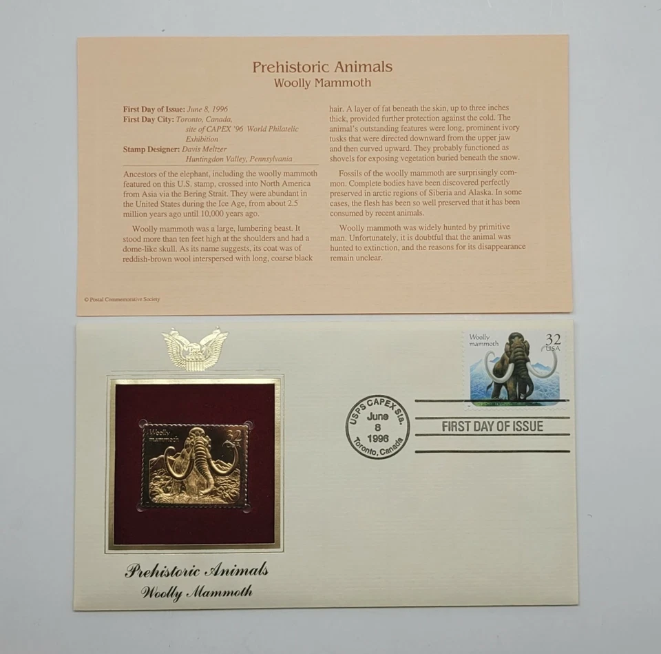 4 Prehistoric Animals 22kt Gold Stamps First Issue 32 Cent June 8, 1996. STP55 - Image 2 of 4