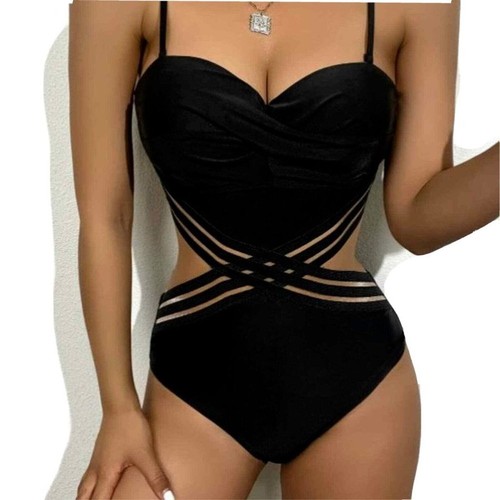 Criss Cross One Piece Bathing Suit Sz L BLACK Cut Out Luxe Padded Push Up Resort