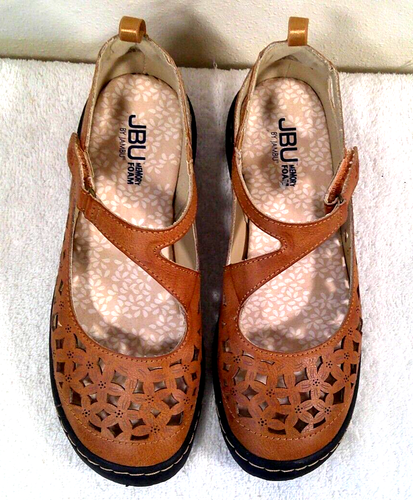 JBU Mary Jane Type Shoe7M Cut out Front Rip Tape Strap Brown Leather rubber Sol