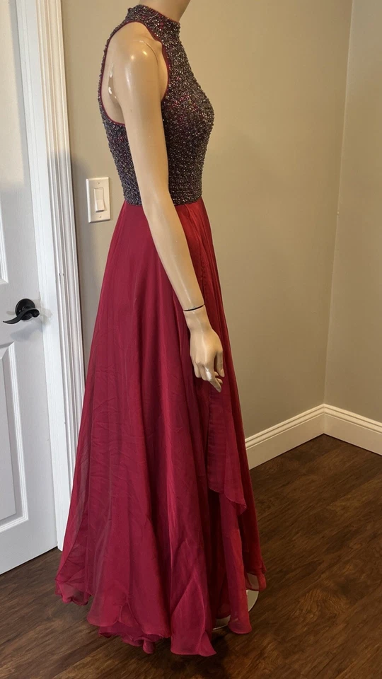 Sherri Hill Burgundy Beaded Sequin Bodice Halter Pageant Prom Cocktail Dress Sz4 - Image 4 of 4