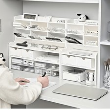 White Desktop Organizer Shelf Office Desk Storage Rack Pen Holder Stationery