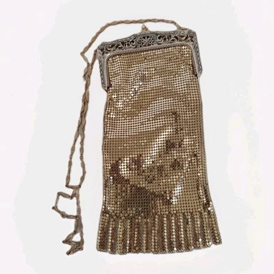 Vintage Art Deco Flapper Whiting & Davis Gold Mesh Fringe Purse Bag Handtasche - Bild 1 von 4