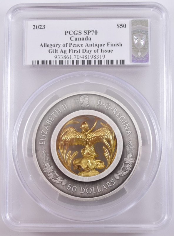 2023 Canada $50 Gilt Silver Allegory of Peace Antique Finish PCGS SP70 FDOI