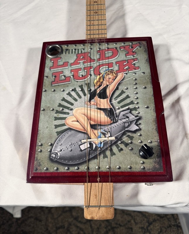 Electric Cigar Box Guitar Lady Luck Rare Custom Design Handmade 4-String