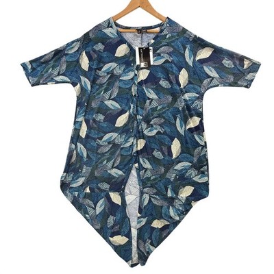 Antthony Blouse Womens Small Blue Tropical Leaf Button Front Tunic Top Stretch