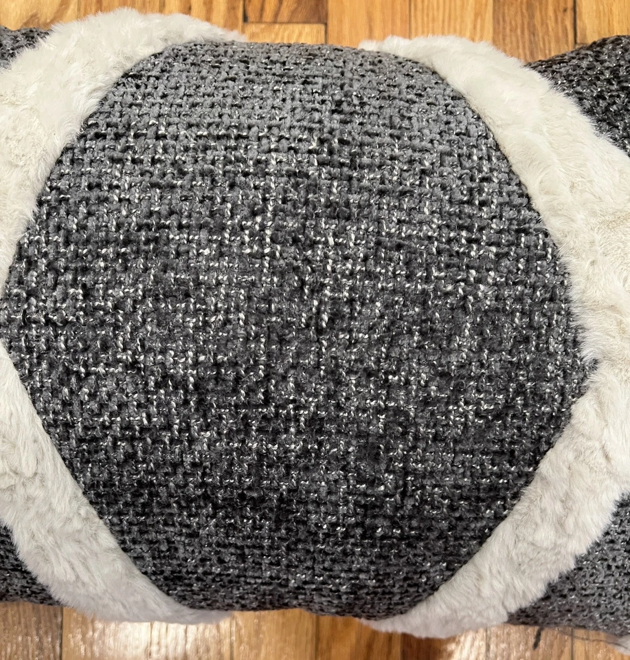 Black Textured Cloth Lumbar Throw Pillow with Faux fur Geometric Design - Image 2 of 4
