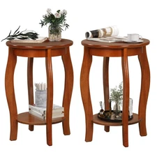2-Tier Round End Table Set of 2 Narrow Sofa Side Nightstand w/ Storage Shelf