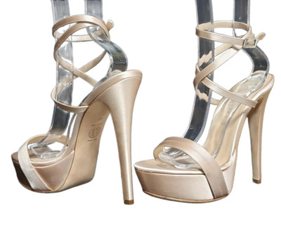 Versace Gold Beige Satin Pump Platform Sandals 40 -10*