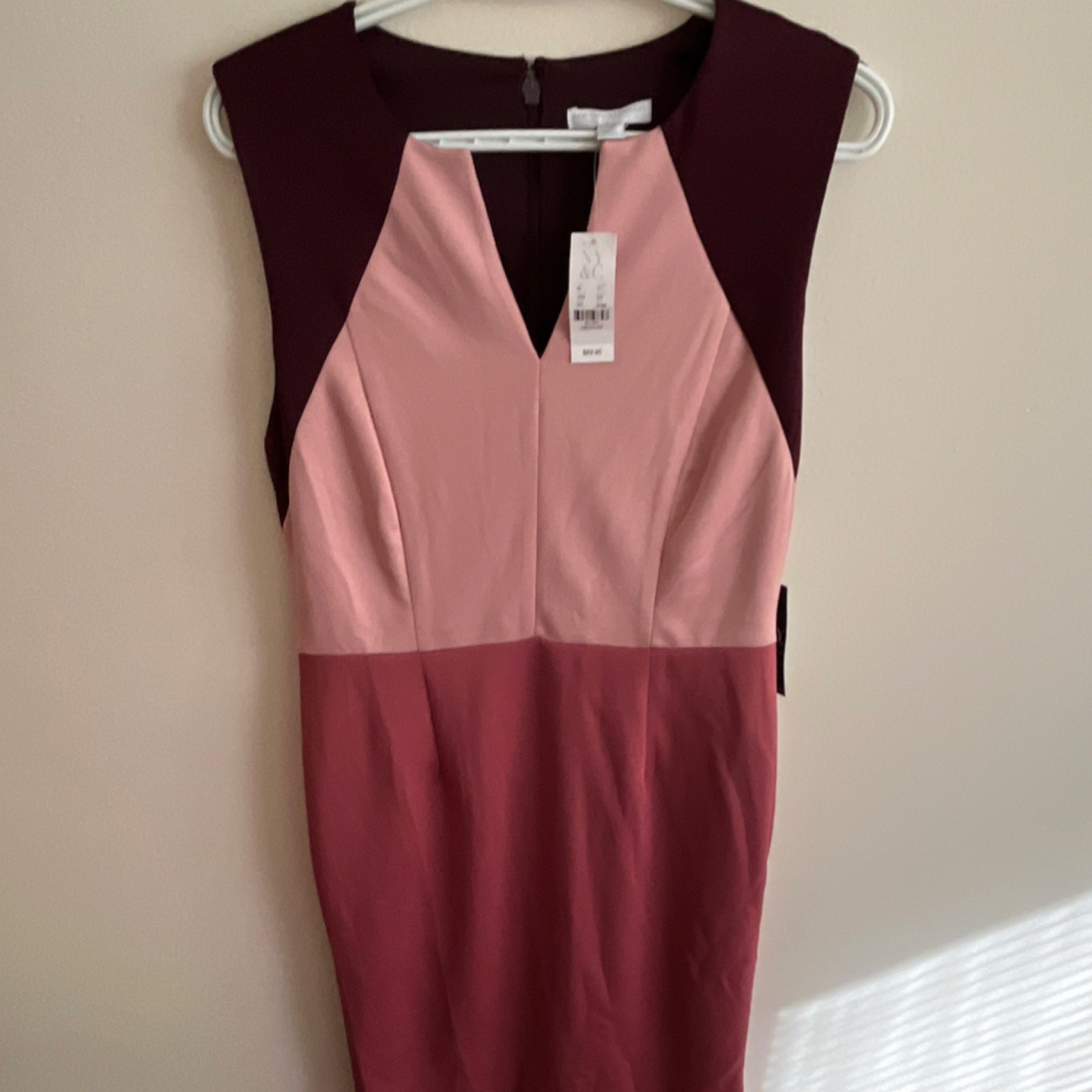 New York & Company Pink Burgundy Colorblock Sheath Dress Sleeveless Knee Zip 6
