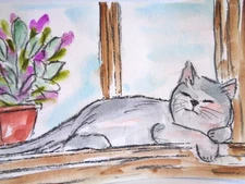 OOAK  -  KITTY CAT SITTING ON A WINDOW  Watercolor  Painting