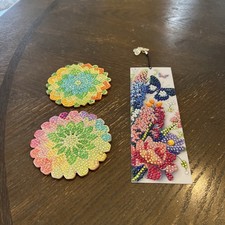 Marcador de libro de arte de diamantes y dos posavasos. Hermoso, Nuevo