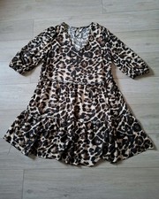 George Beige Leopard Print Flared Smock Dress Tiered Boho Casual Retro UK18