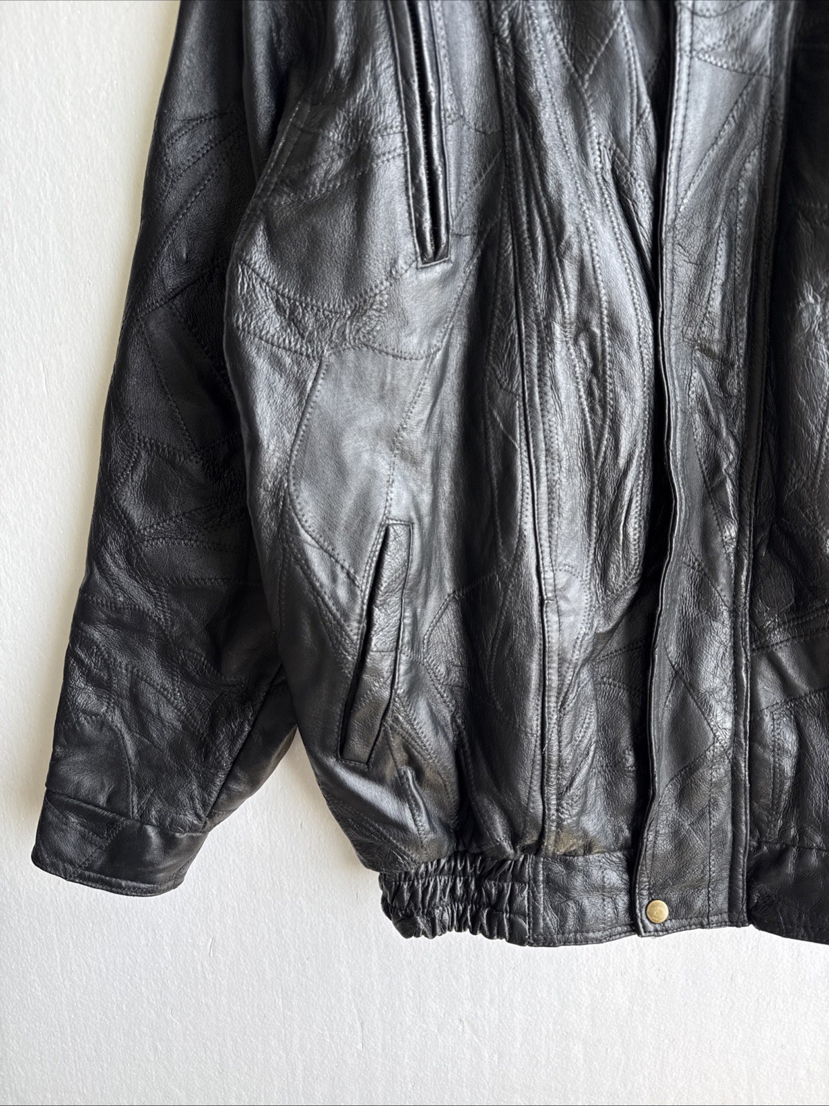 Men’s Black Leather Patchwork Bomber Jacket Size … - image 5