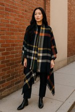 Large Green Navy Tartan Blanket Scarf 55" - Lightweight Plaid Wrap - Excellent