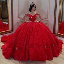 Red Princess Quinceanera Dresses Off Shoulder Lace Appliques Ball Gowns Sweet 16