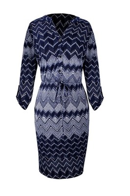 Blue Chevron Multi Pattern V Neck Shift Dress Womens 3/4 Sleeves XL