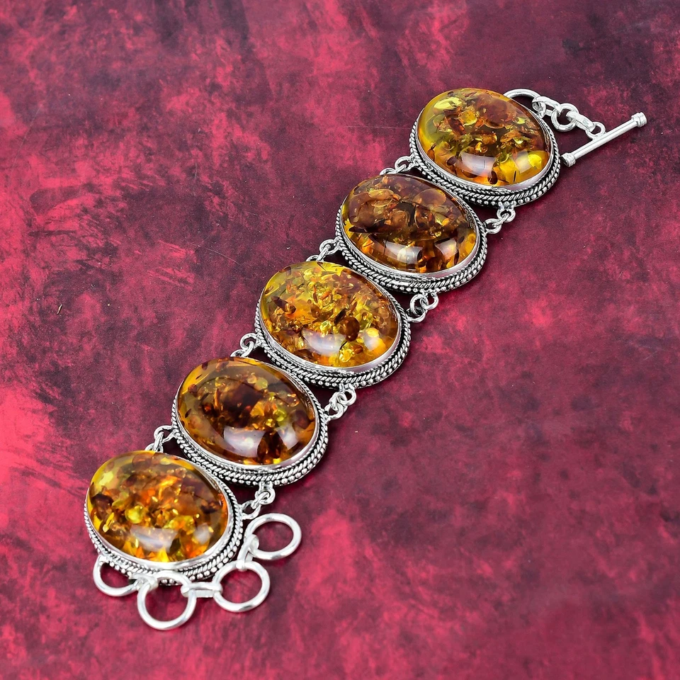Pulseira de prata esterlina 925 feita à mão com pedra preciosa âmbar do Báltico para ela - Imagem 4 de 4