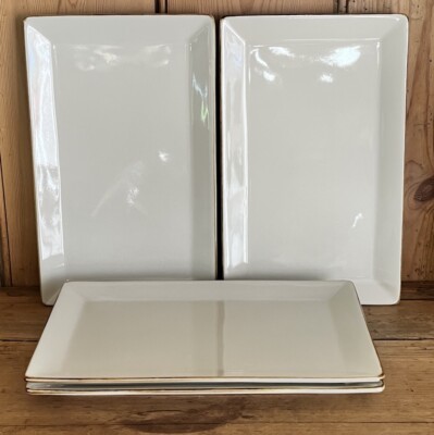 Set 4 POTTERY BARN ASIAN SQUARE Off White Sushi Plates 10.5''x 6.75'' Rectangular
