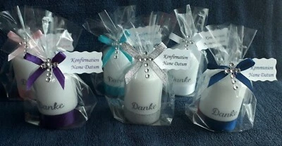 HANDGEFERTIGT Danke Gastgeschenk Kommunion Konfirmation Taufe Tischdeko Kerze mit Name,Datum