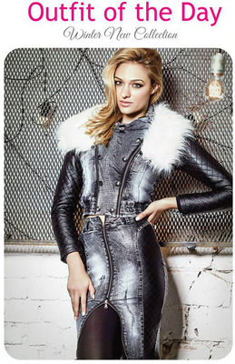 Foggi Damen Jeans 2-Teiler Winterjacke Fell Jeansjacke Jeansrock