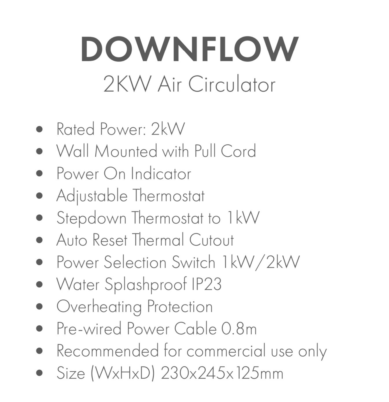 BATHROOM KITCHEN 2KW DOWNFLOW WALL MOUNTED FAN HEATER WITH PULL CORD