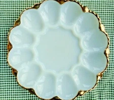Vintage Anchor Hocking Milk Glass Deviled Egg Plate with Gold Trim 