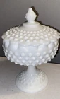 Vintage Fenton Art Glass Milk Glass Hobnail Pattern Footed Candy Dish W/Lid